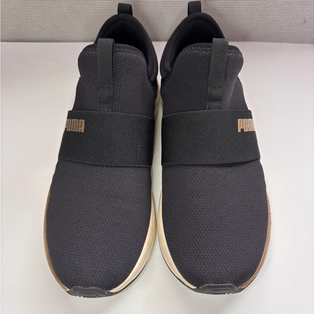 Puma Women's Black and Gold Slip-On Sneakers